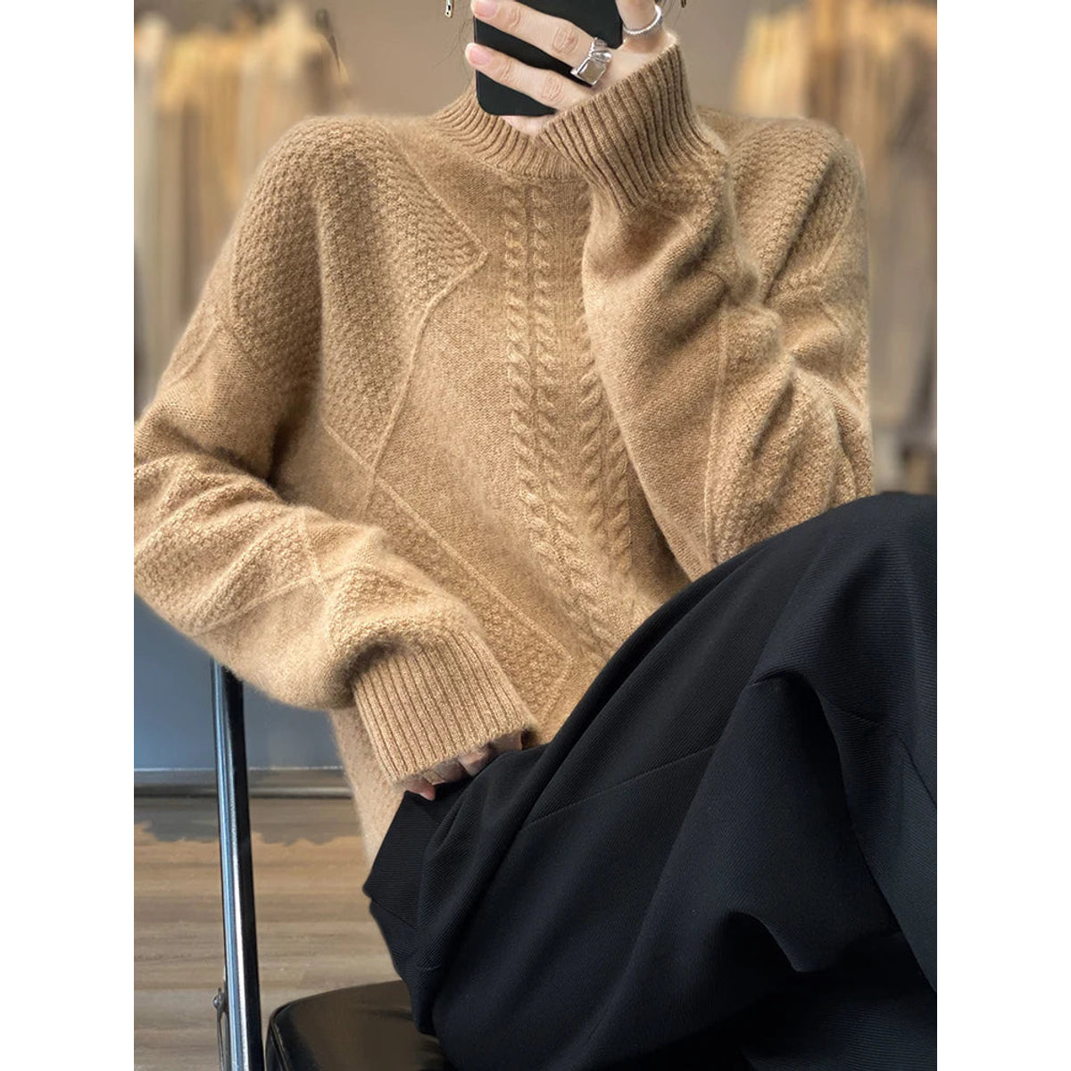 Cashmere Sweater Women Timeless Turtleneck Cable-Knit Design 7