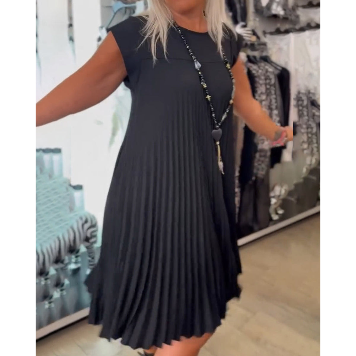 Casual A-Line Dress Women Round Neck Solid Color Summer Style 1