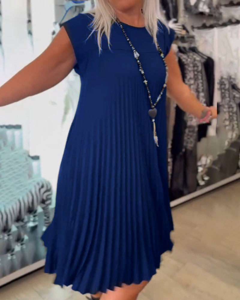 Casual A-Line Dress Women Round Neck Solid Color Summer Style 3
