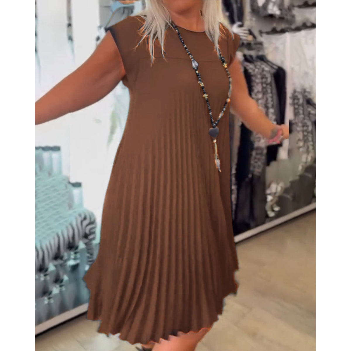 Casual A-Line Dress Women Round Neck Solid Color Summer Style 6