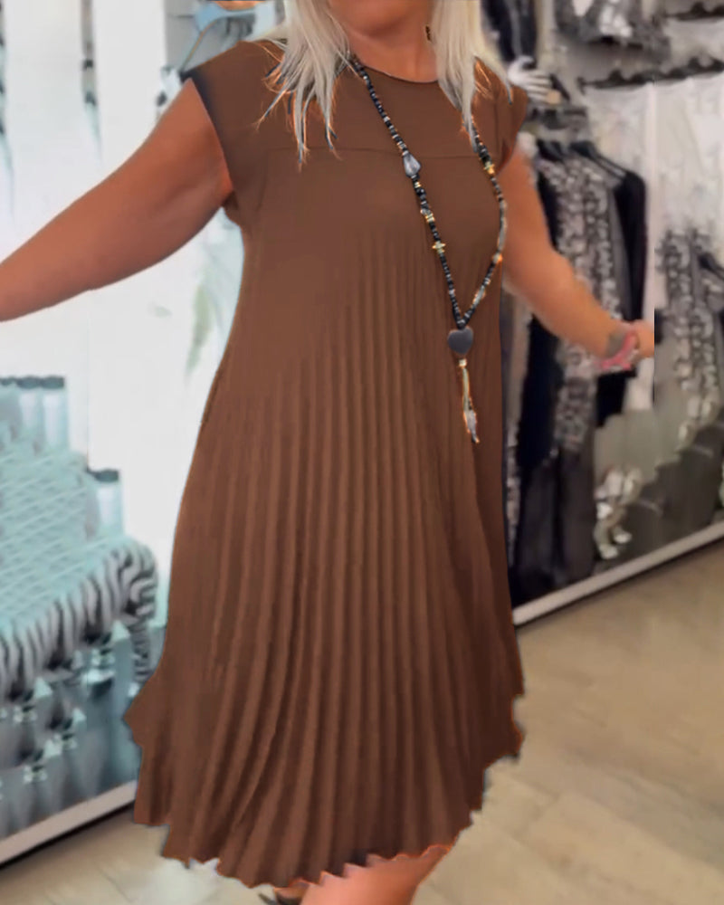 Casual A-Line Dress Women Round Neck Solid Color Summer Style 6