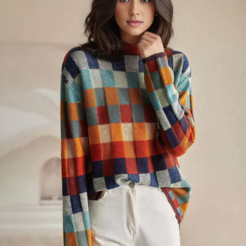 Checked Sweater Women Oversized Cozy Knit Multicolored Casual Chic 0