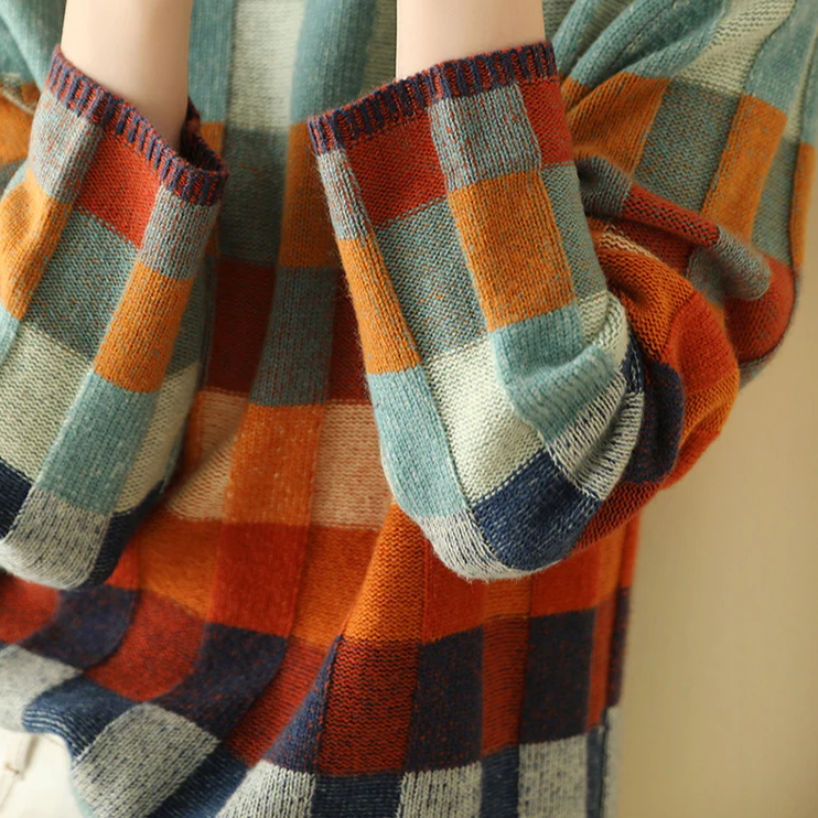 Checked Sweater Women Oversized Cozy Knit Multicolored Casual Chic 4