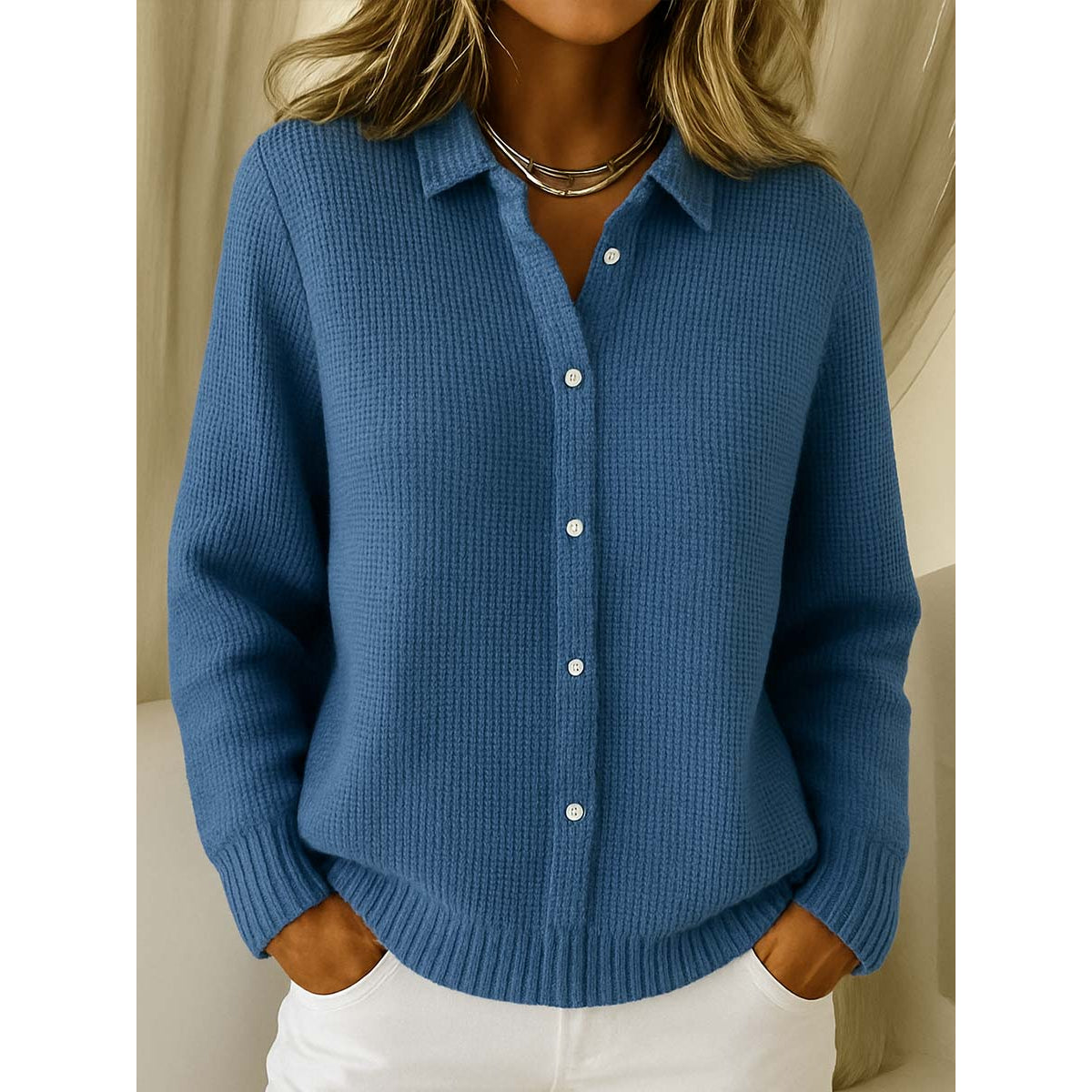 Classic Knit Cardigan Women Soft Button Closure Shirt Collar Elegant 1