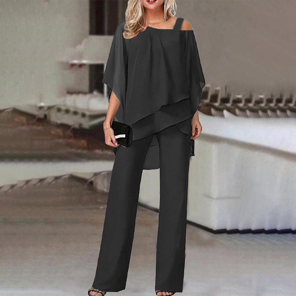 Cold Shoulder Jumpsuit Women Flowy Elegant 2-Piece Set Chic Fashion 0
