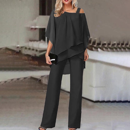 Cold Shoulder Jumpsuit Women Flowy Elegant 2-Piece Set Chic Fashion 0