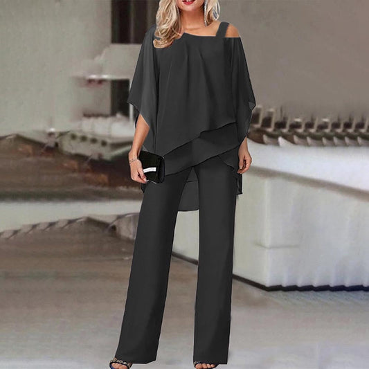 Cold Shoulder Jumpsuit Women Flowy Elegant 2-Piece Set Chic Fashion 0