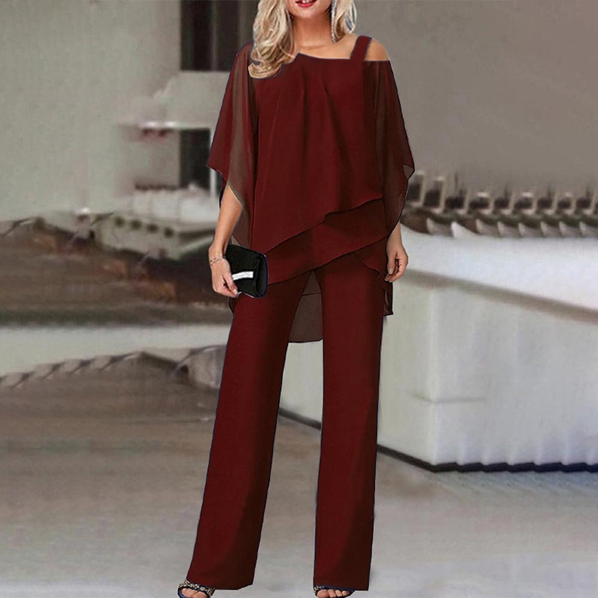 Cold Shoulder Jumpsuit Women Flowy Elegant 2-Piece Set Chic Fashion 3