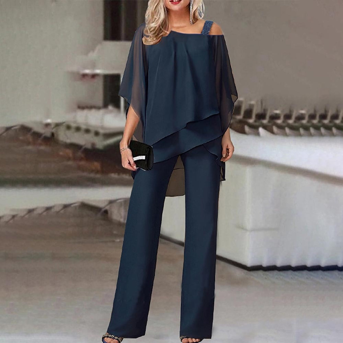 Cold Shoulder Jumpsuit Women Flowy Elegant 2-Piece Set Chic Fashion 6