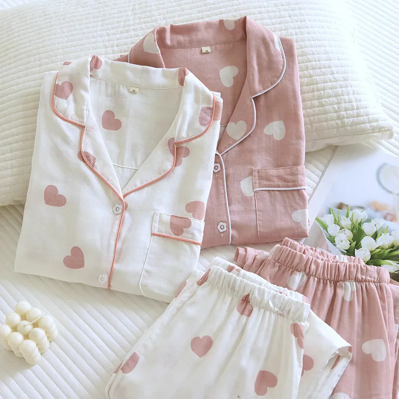 Cotton Pajama Set Women Heart Print Relaxed Fit Sleepwear 1