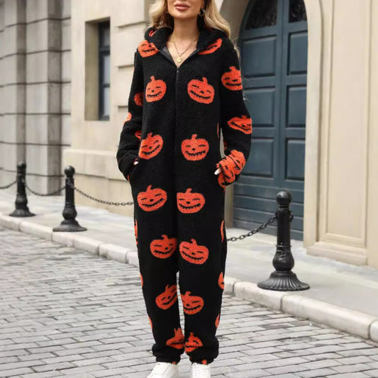 Cozy Halloween Jumpsuit Women Hooded Fleece Casual Comfort 1