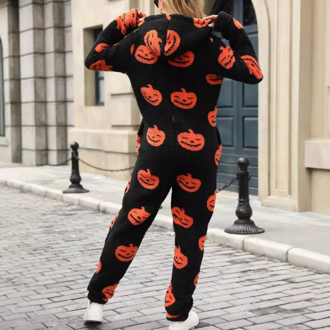 Cozy Halloween Jumpsuit Women Hooded Fleece Casual Comfort 2