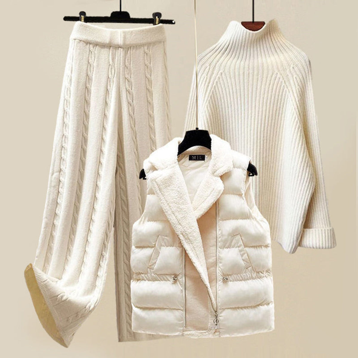 Cozy Women's Set Plush Knit Sweater and Pants Loungewear with Vest 0