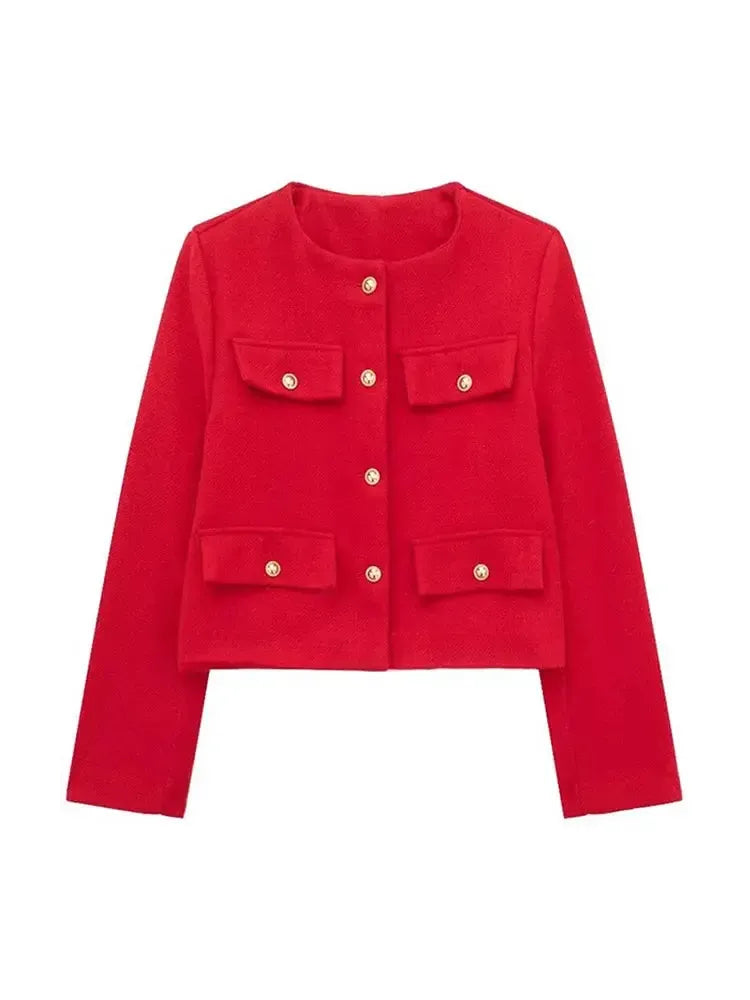 Cropped Textured Button-Up Jacket Women Modern Chic Layer 0