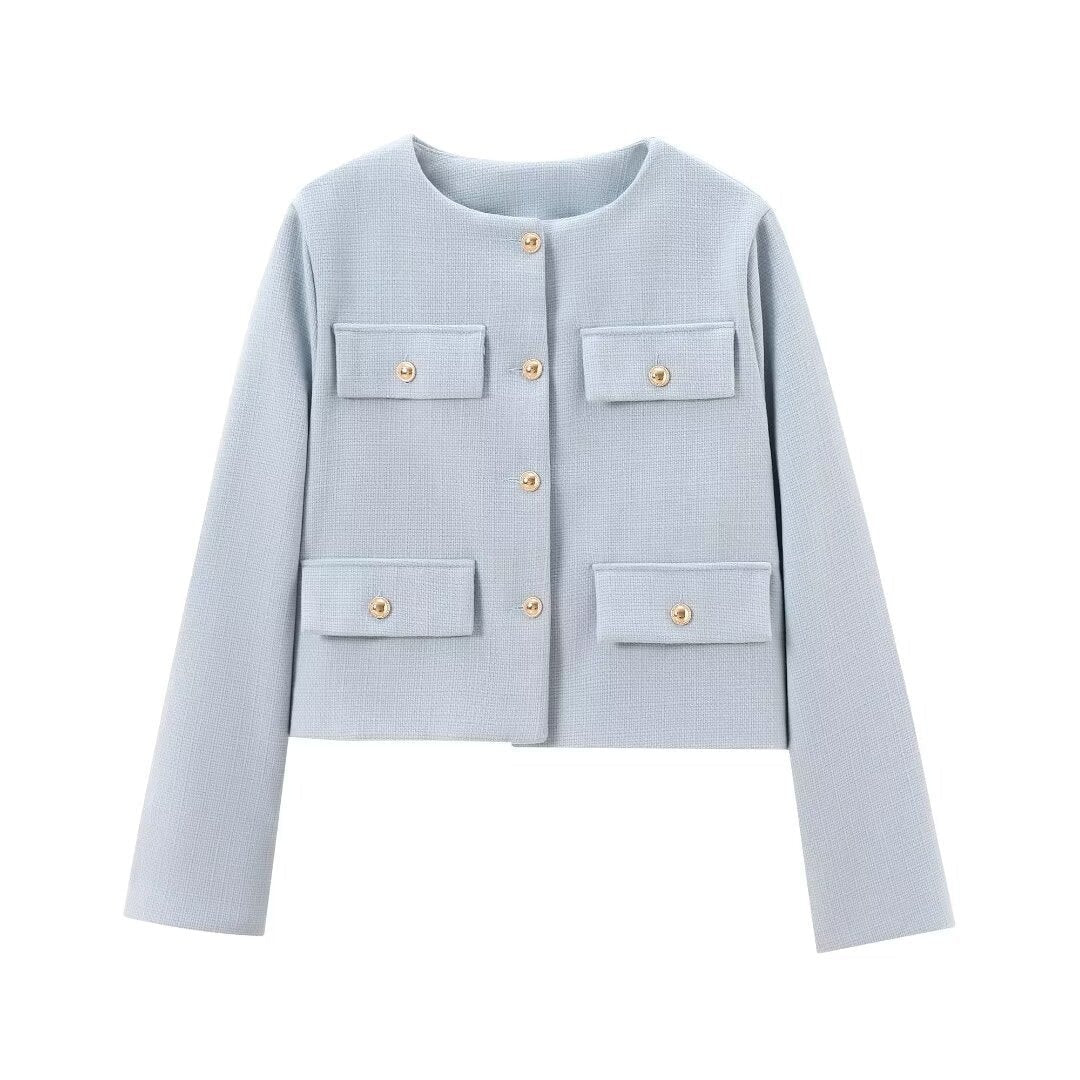 Cropped Textured Button-Up Jacket Women Modern Chic Layer 1