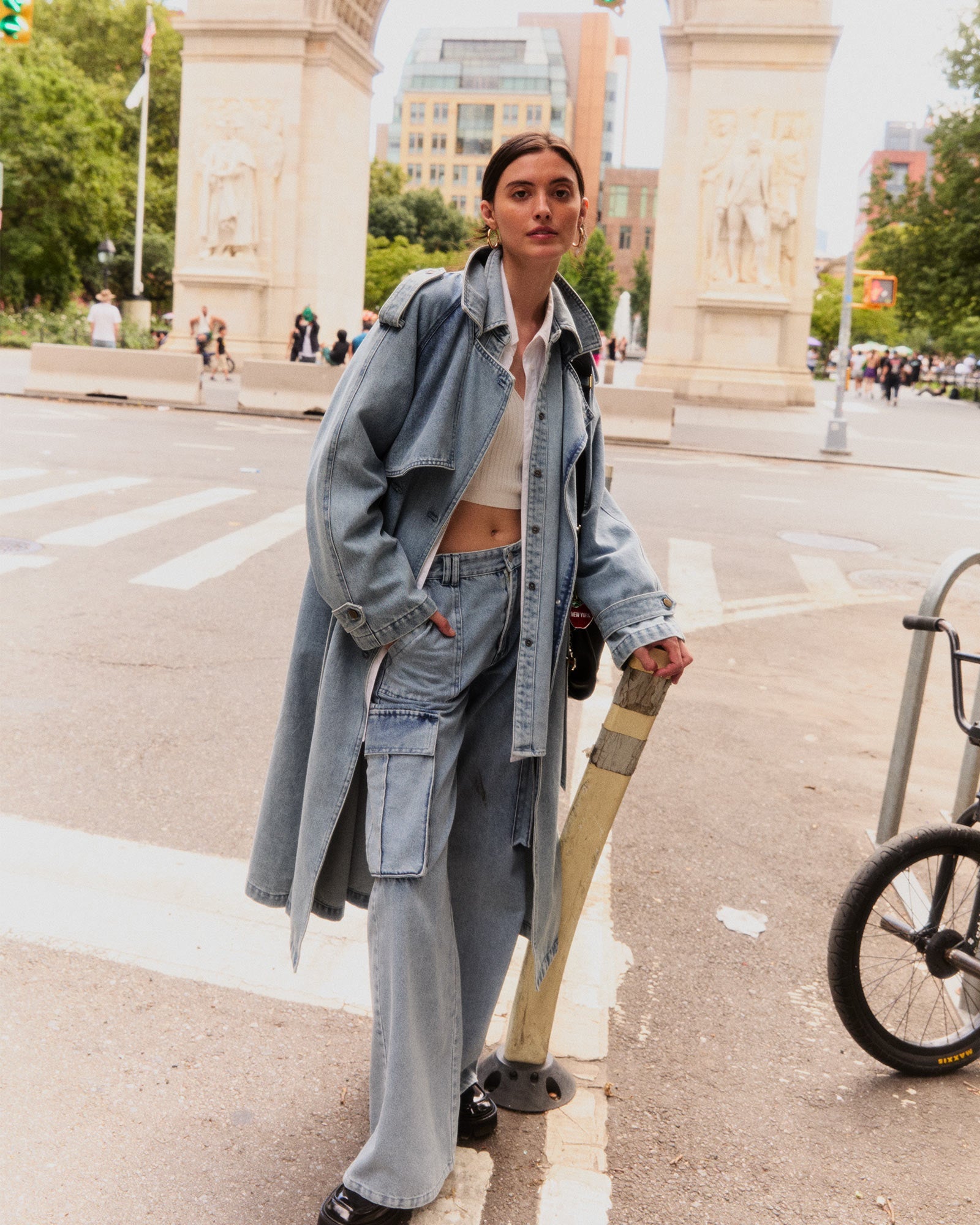 Denim Trench Coat Women Stonewash Oversized Fit Modern Style 0