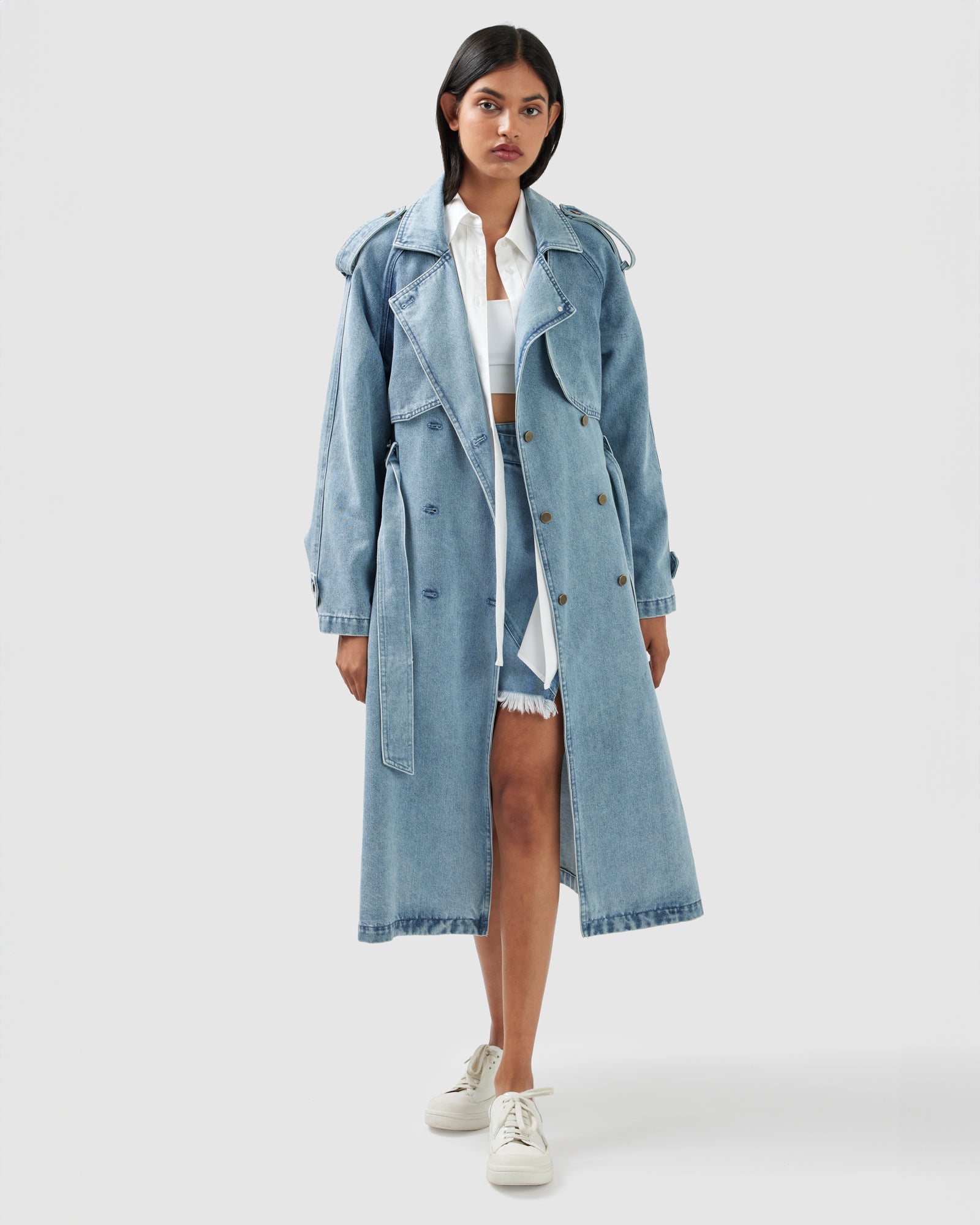 Denim Trench Coat Women Stonewash Oversized Fit Modern Style 1