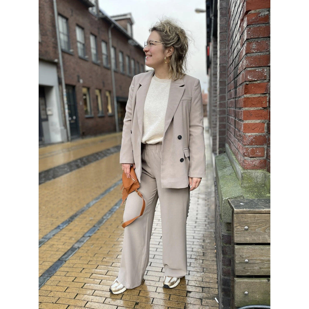 Double-Breasted Blazer Women Beige Polyester Blend Elegant Fit Casual Chic 0
