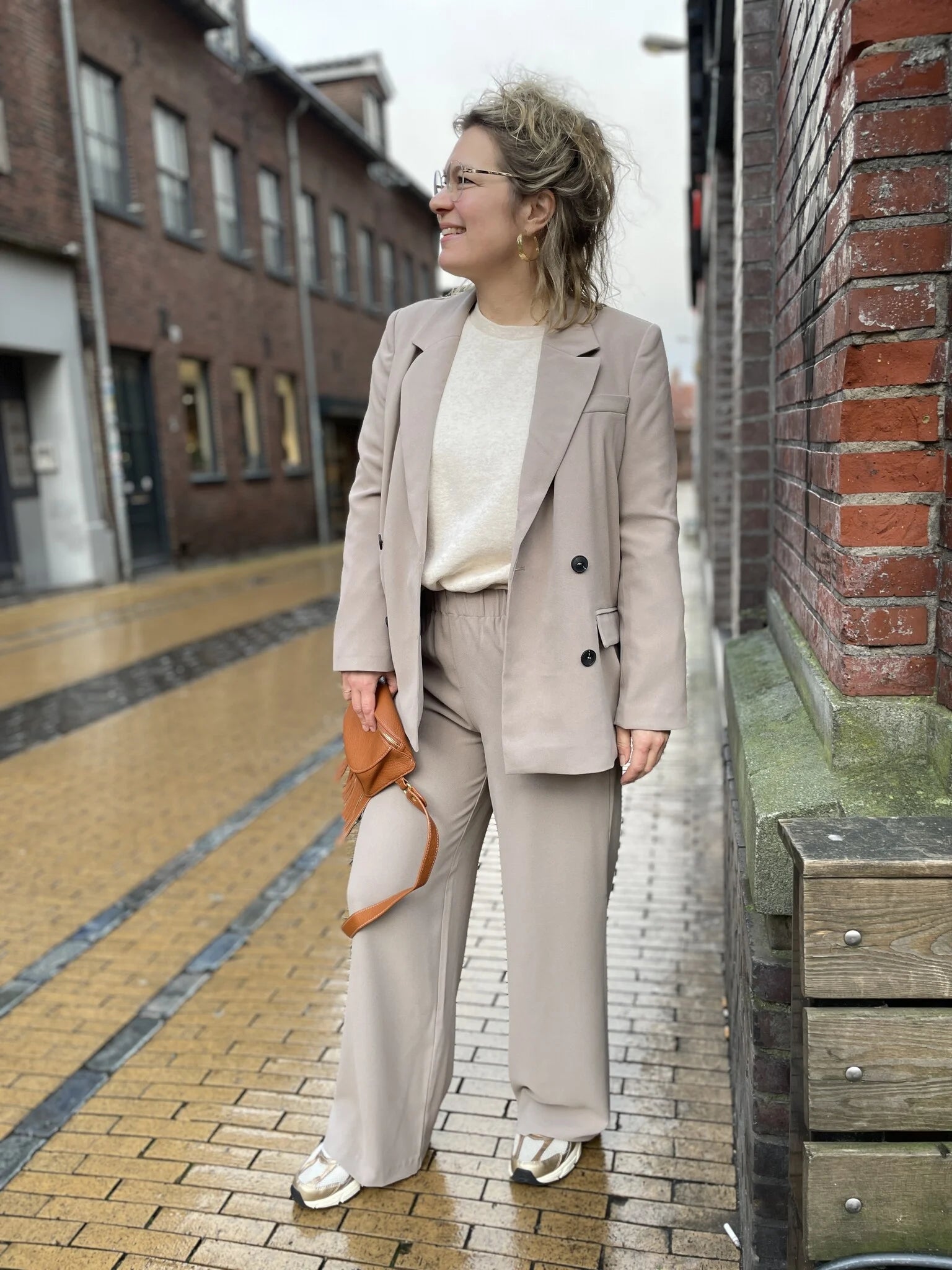 Double-Breasted Blazer Women Beige Polyester Blend Elegant Fit Casual Chic 0