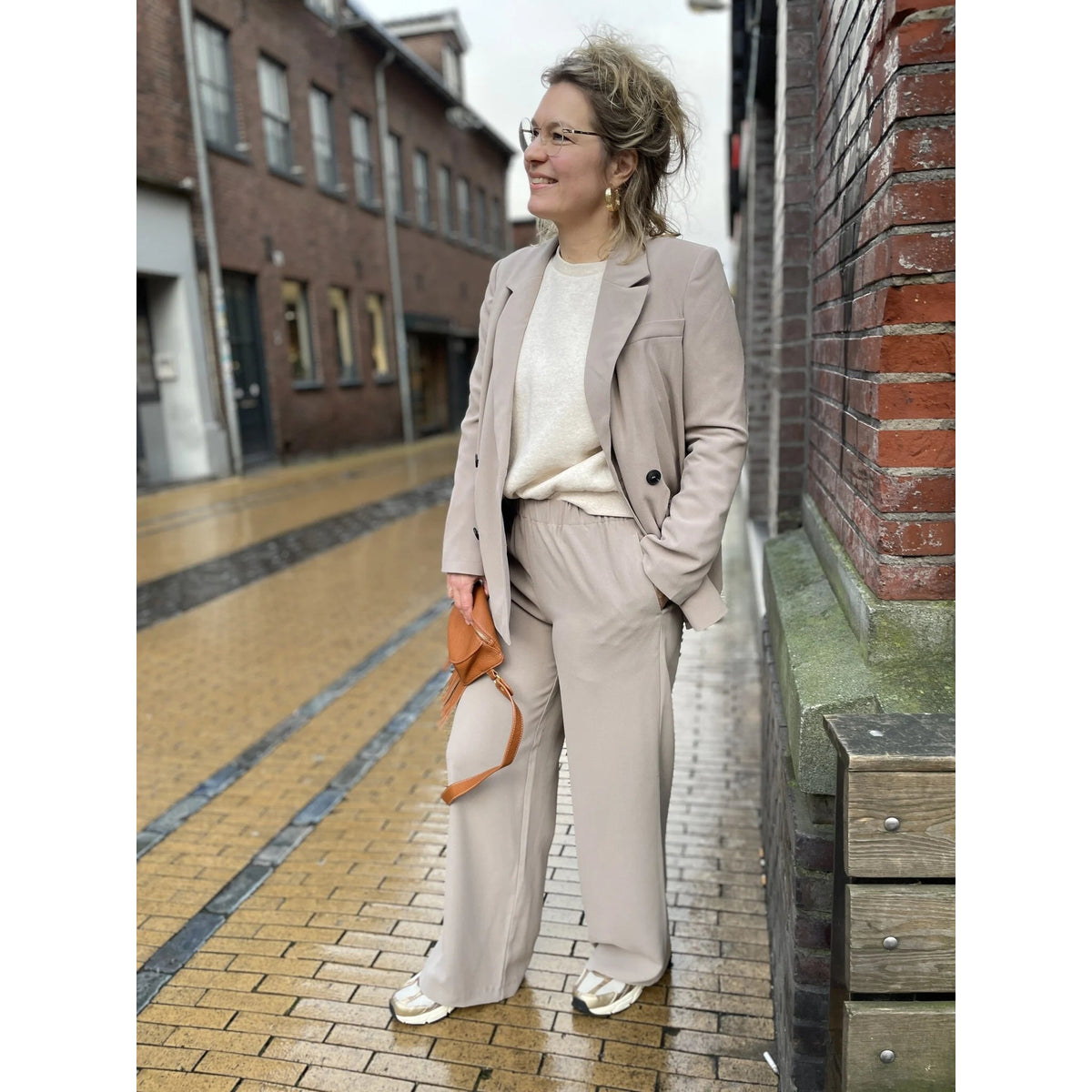 Double-Breasted Blazer Women Beige Polyester Blend Elegant Fit Casual Chic 4