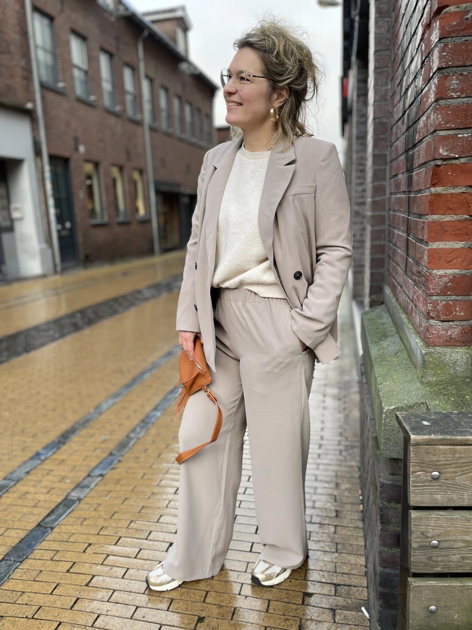 Double-Breasted Blazer Women Beige Polyester Blend Elegant Fit Casual Chic 4