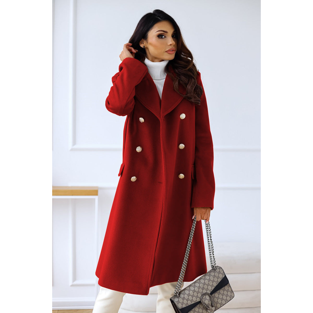 Double-Breasted Long Coat Women Chic Gold Button Accents Winter Coat 10