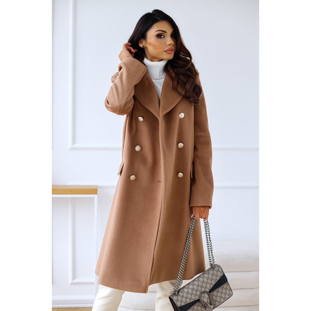 Double-Breasted Long Coat Women Chic Gold Button Accents Winter Coat 4