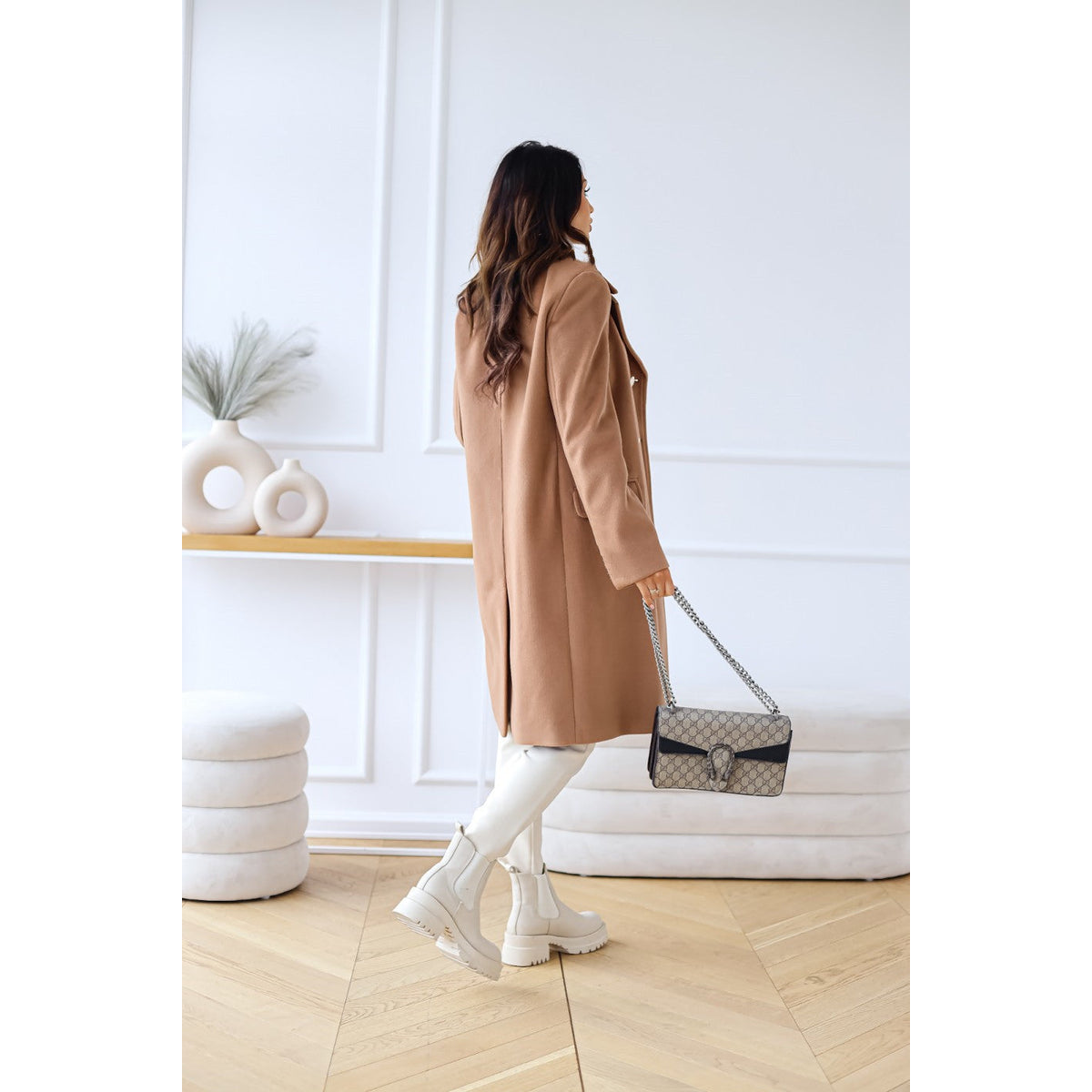 Double-Breasted Long Coat Women Chic Gold Button Accents Winter Coat 6