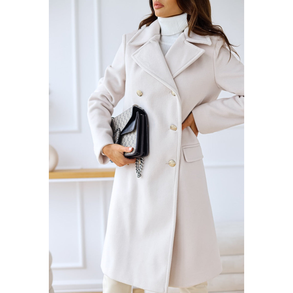 Double-Breasted Long Coat Women Chic Gold Button Accents Winter Coat 7
