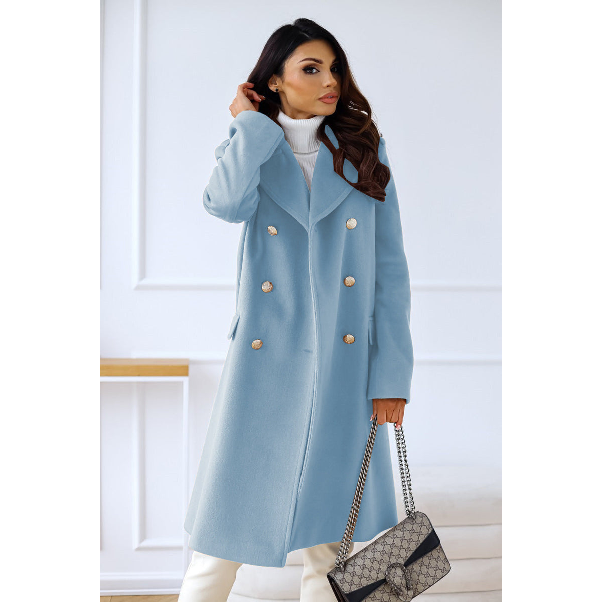 Double-Breasted Long Coat Women Chic Gold Button Accents Winter Coat 9