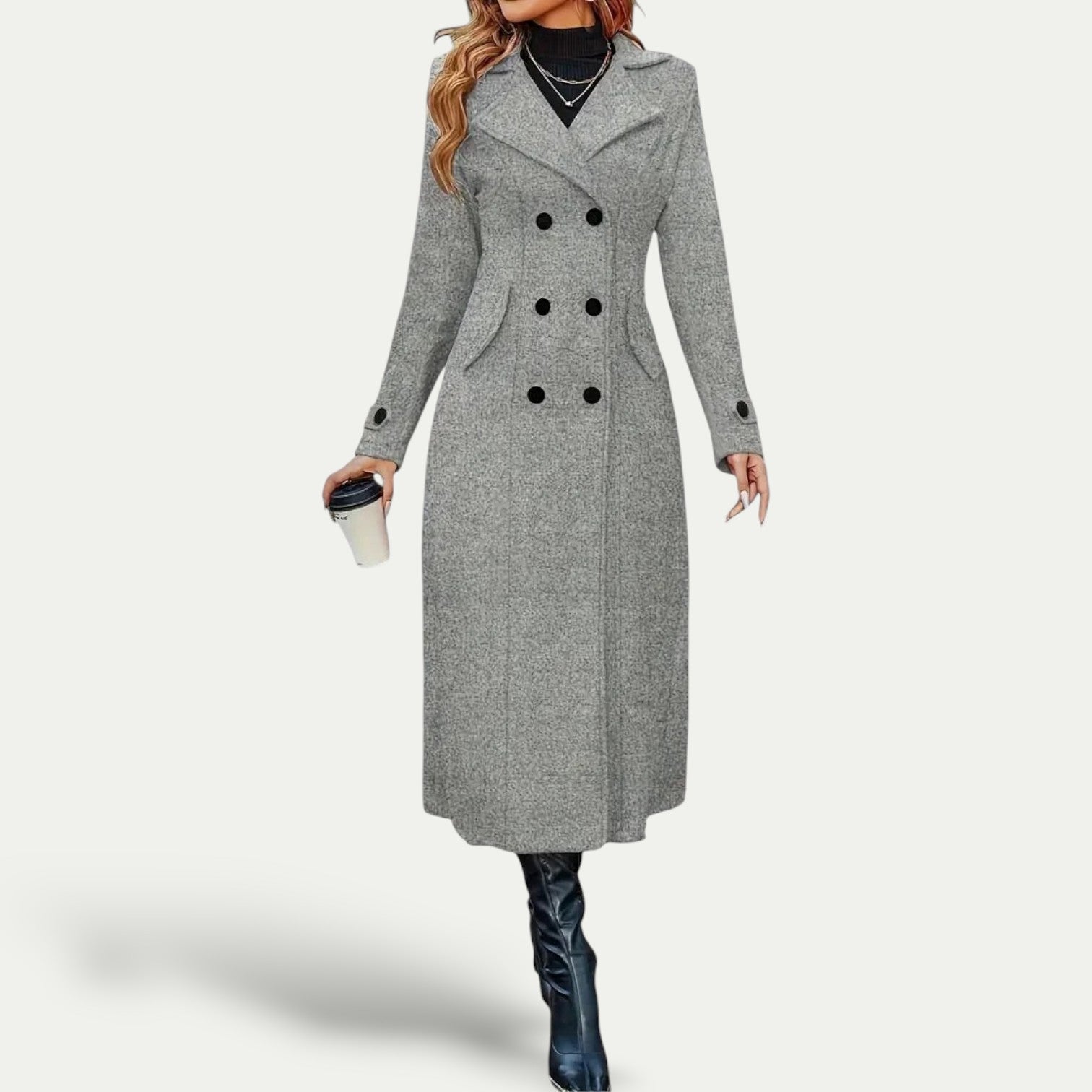 Double-Breasted Longline Coat Women Elegant Winter Outerwear Stylish Warmth 1
