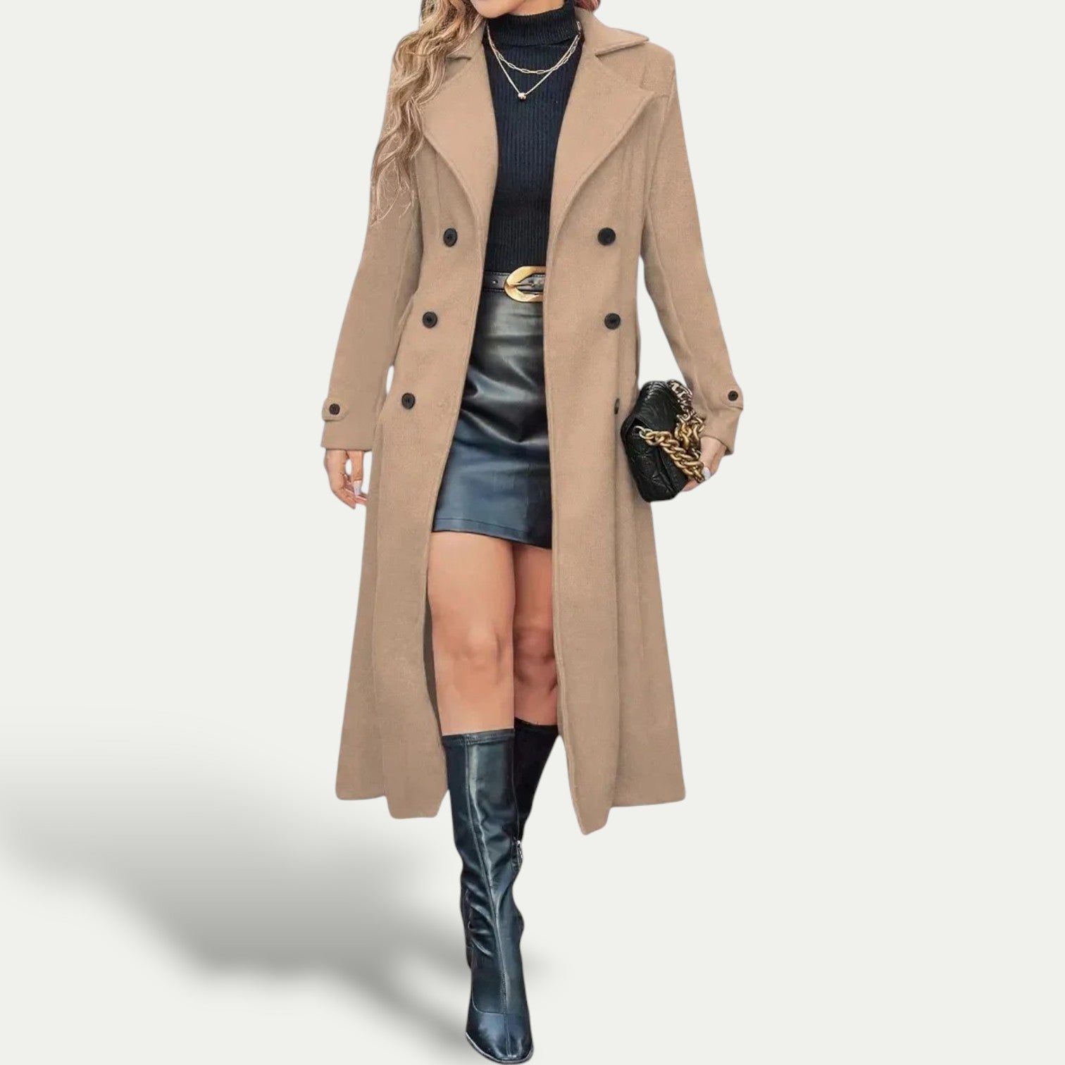 Double-Breasted Longline Coat Women Elegant Winter Outerwear Stylish Warmth 3