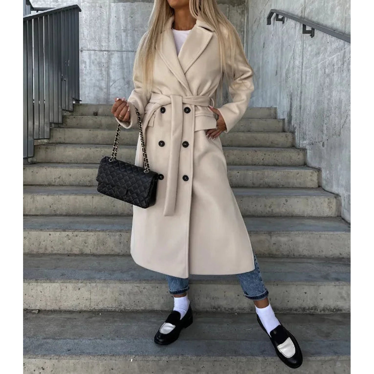 Double-Breasted Winter Coat Women Classic Fit Waist Belt Elegant 0