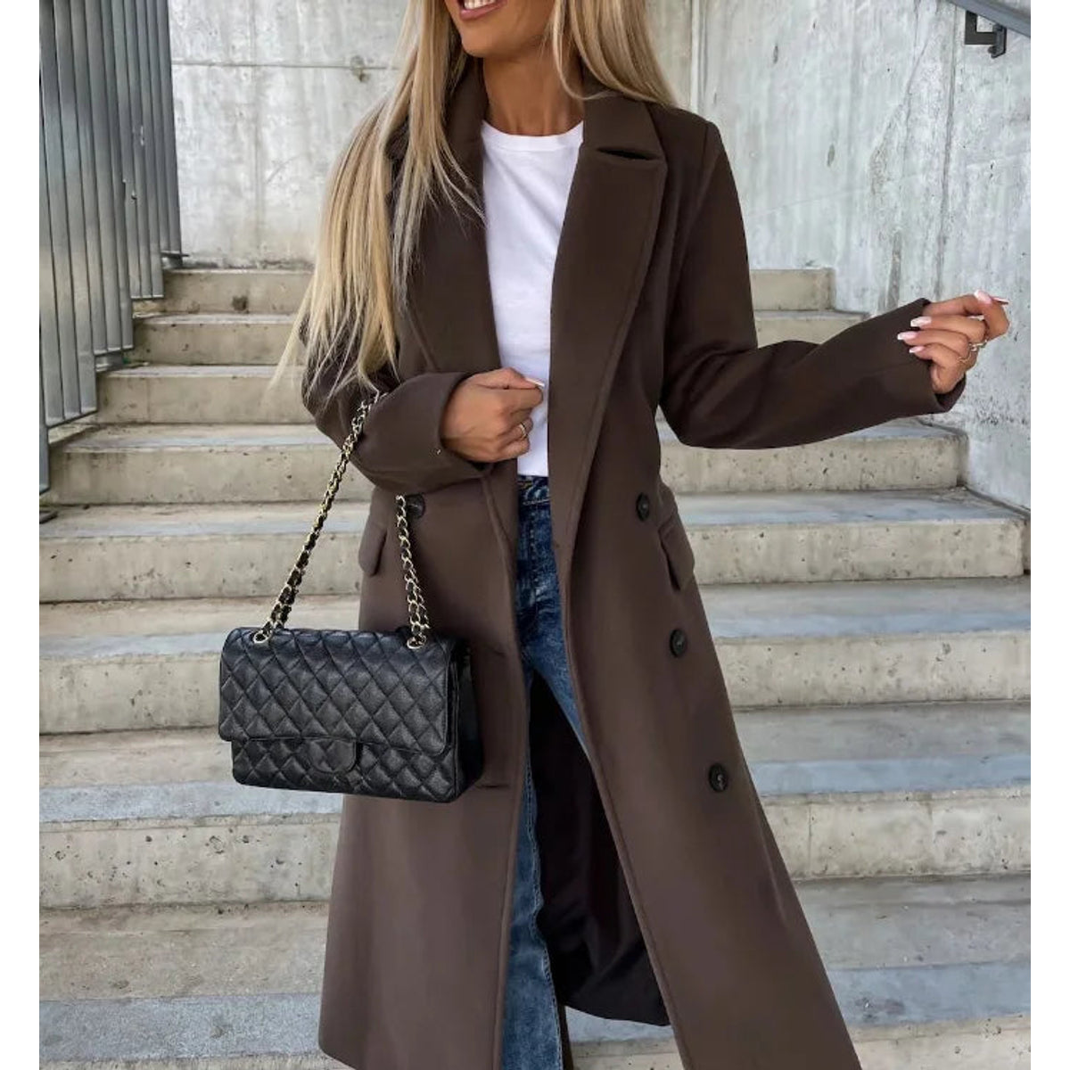 Double-Breasted Winter Coat Women Classic Fit Waist Belt Elegant 1