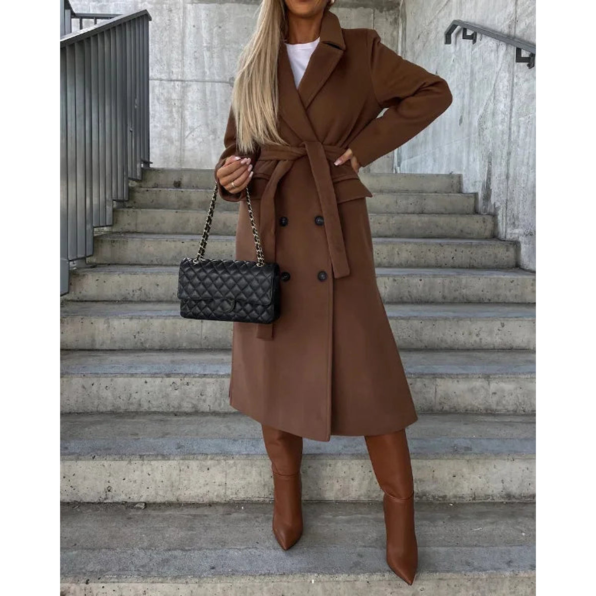 Double-Breasted Winter Coat Women Classic Fit Waist Belt Elegant 2