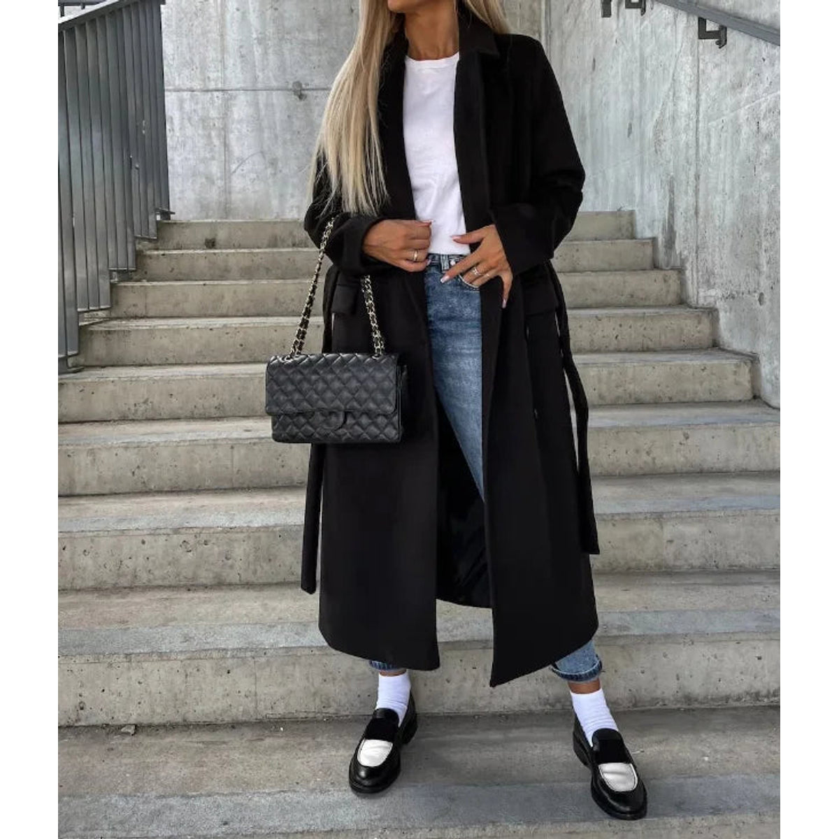 Double-Breasted Winter Coat Women Classic Fit Waist Belt Elegant 3