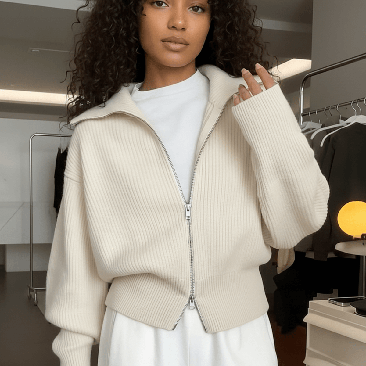 Doppel-Reißverschluss Strick-Cardigan Damen Leichtes Lagen-Piece Mode