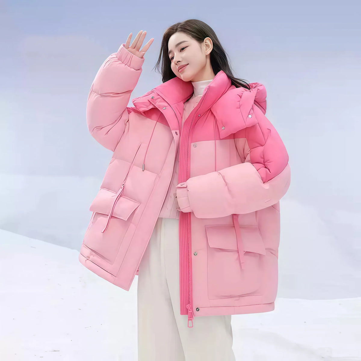 Down Cotton Jacket Women Short Hooded Colorblocking Winter Coat 6