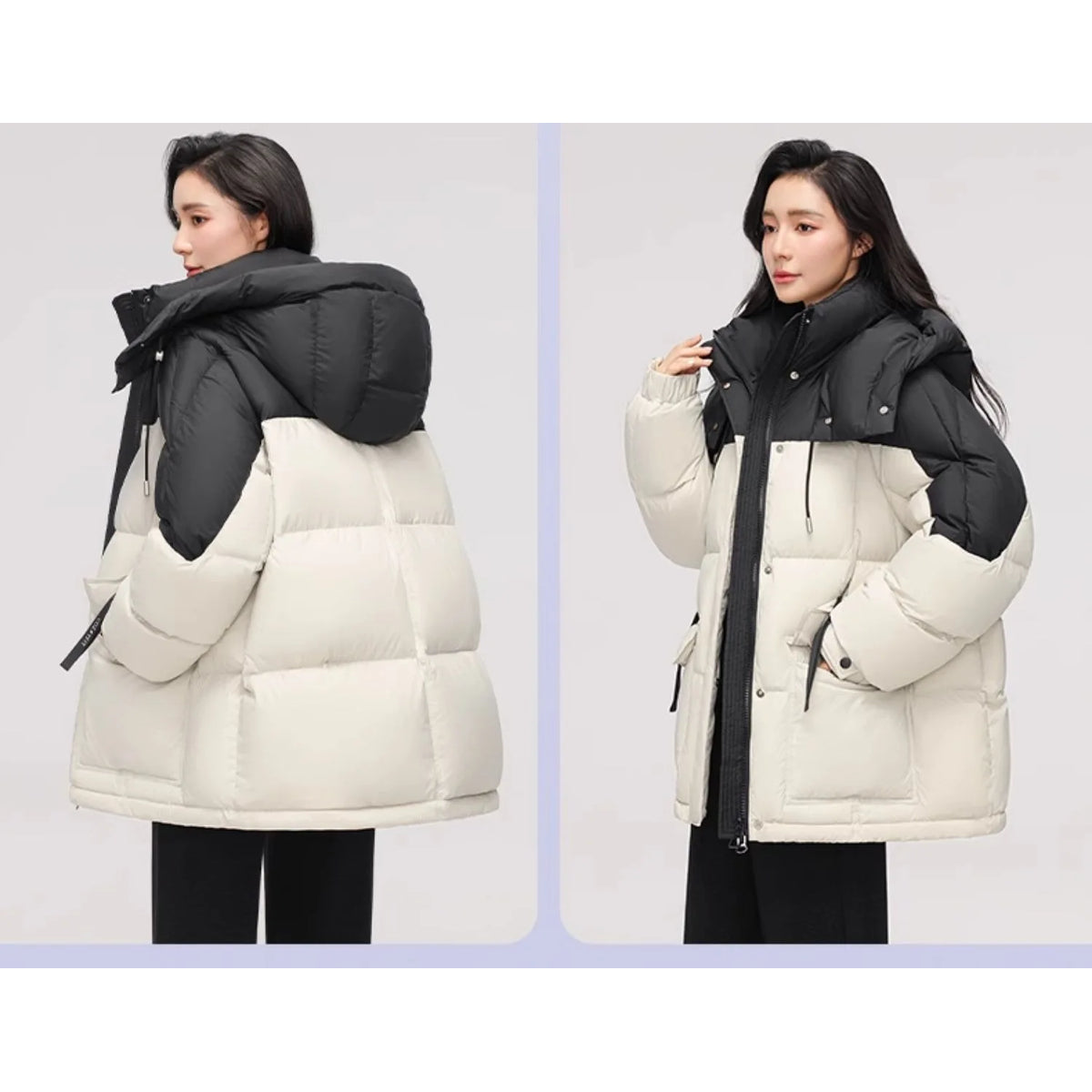 Down Cotton Jacket Women Short Hooded Colorblocking Winter Coat 7