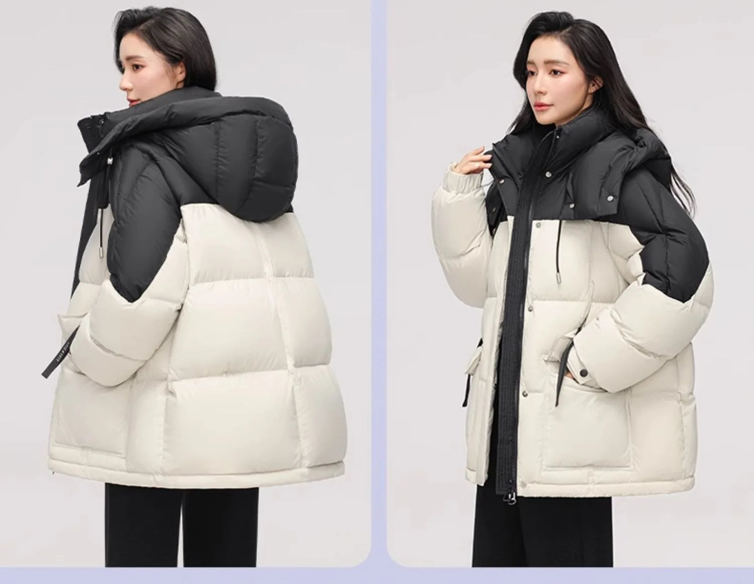 Down Cotton Jacket Women Short Hooded Colorblocking Winter Coat 7