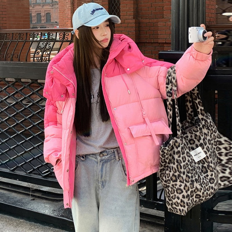 Daunen-Baumwolljacke Damen Kurz Kapuzenjacke Colorblocking Wintermantel