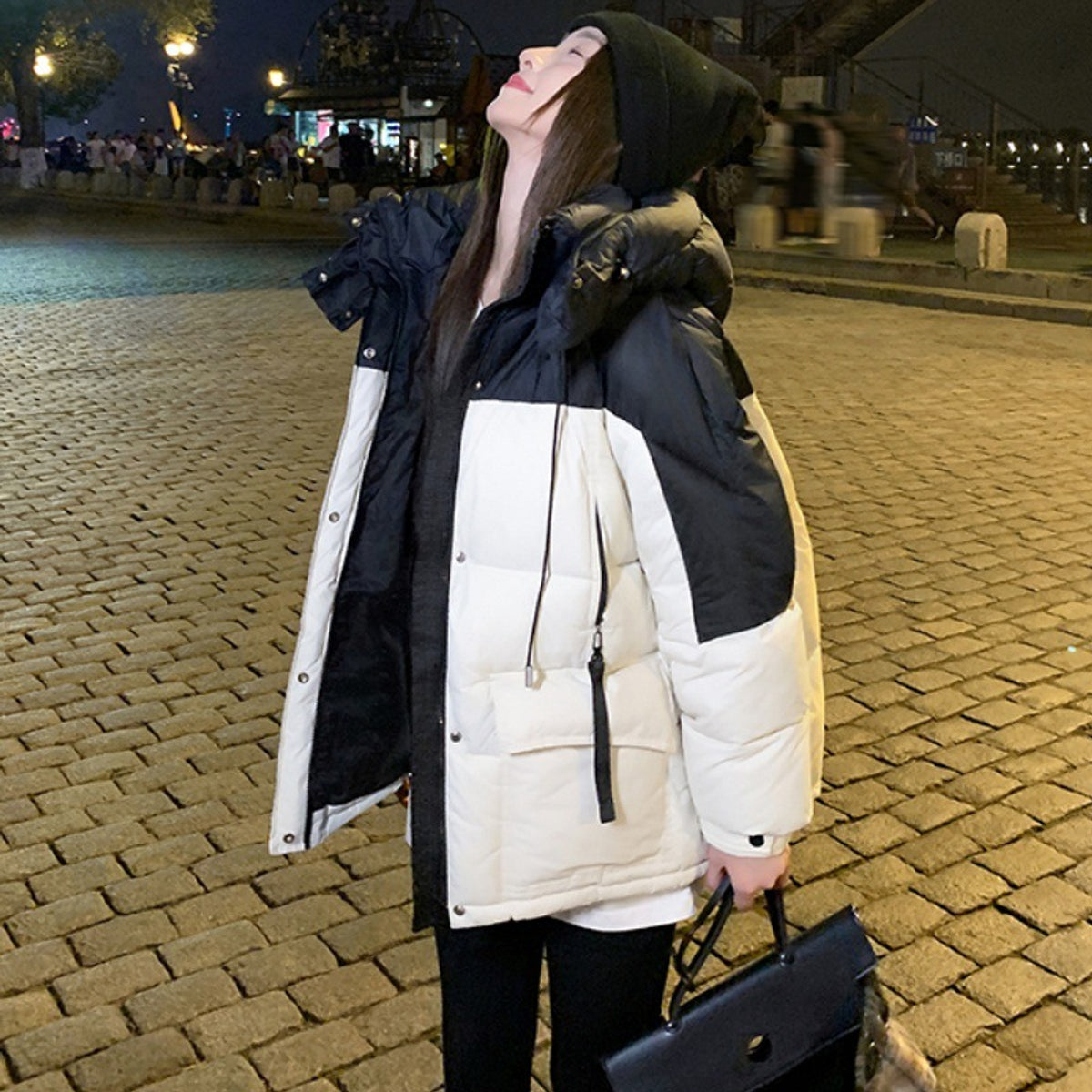 Damen Daunenjacke Kurz mit Kapuze Farbblock Wintermantel