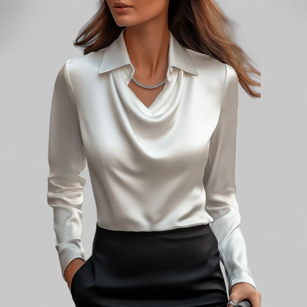 Draped Neck Long Sleeve Satin Blouse Women Elegant Chic Fashion Top 0