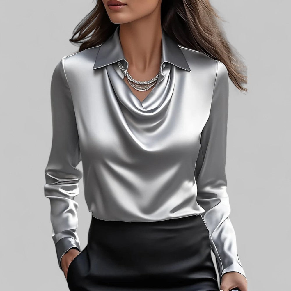 Draped Neck Long Sleeve Satin Blouse Women Elegant Chic Fashion Top 1