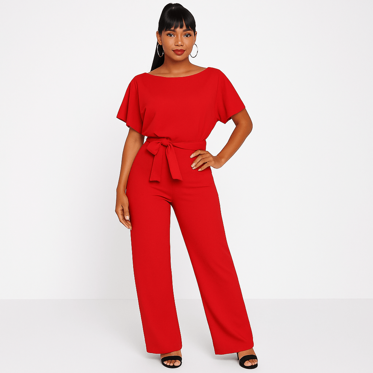 Elegant Black Jumpsuit Women Adjustable Belt Chic Casual Outfit 10