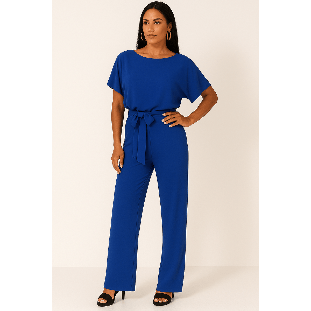 Elegant Black Jumpsuit Women Adjustable Belt Chic Casual Outfit 6