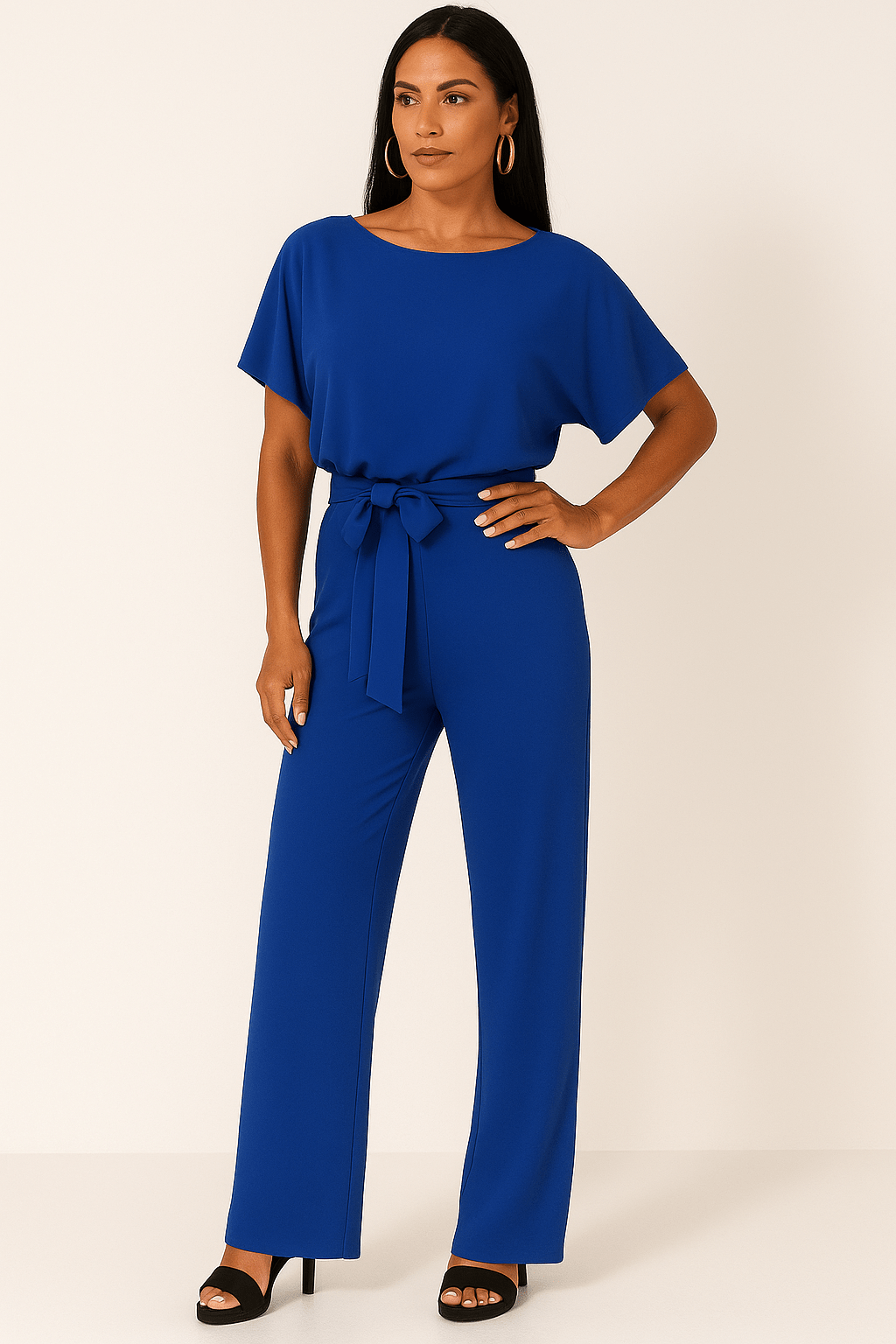 Elegant Black Jumpsuit Women Adjustable Belt Chic Casual Outfit 6