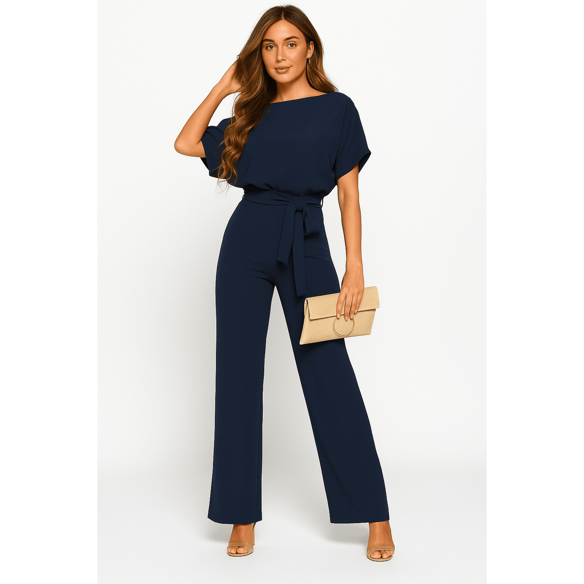 Elegant Black Jumpsuit Women Adjustable Belt Chic Casual Outfit 8