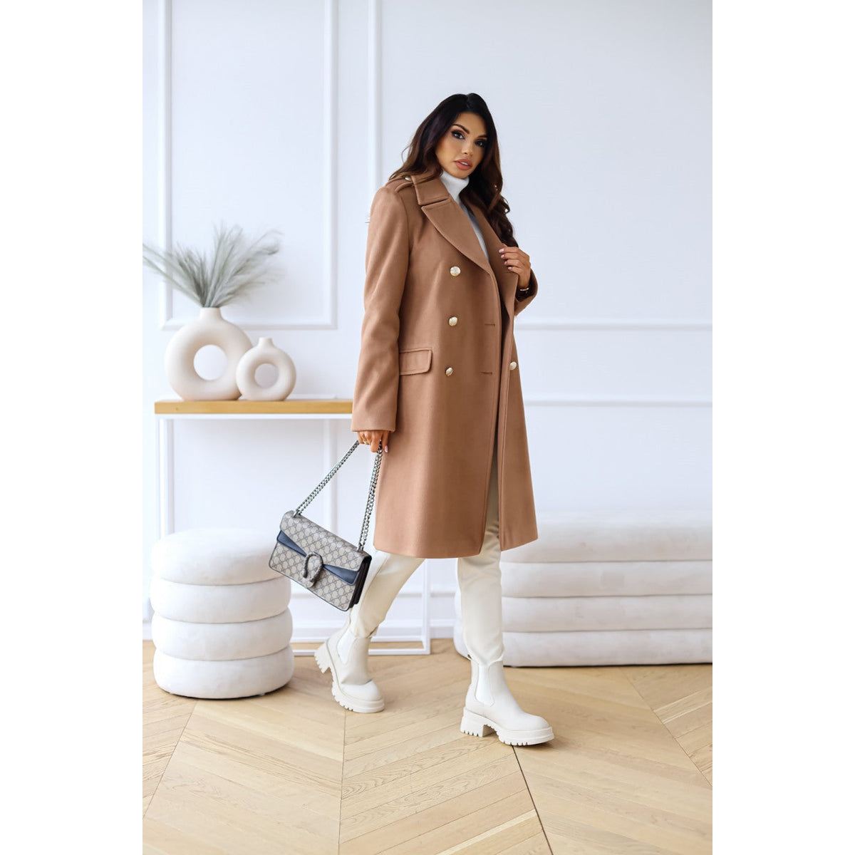 Elegant Double-Breasted Wool Trench Coat Women Winter Chic 3