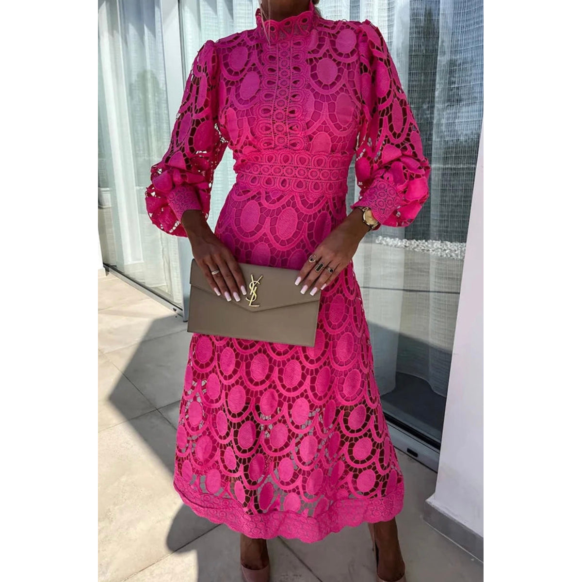 Elegant Lace Midi Dress Women Unique Detailing for Parties 0